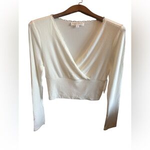 Sugar Moon Casual Women’s Medium White Ribbed Wrap Lace Long-Sleeve Crop Top